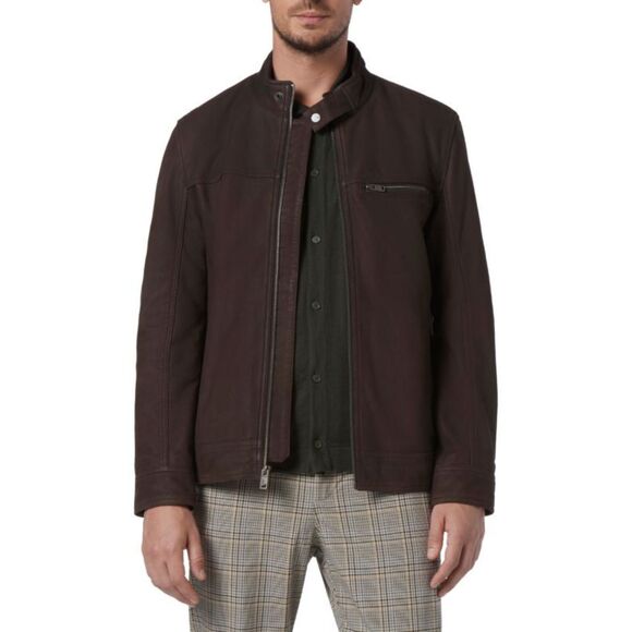 Andrew Marc Mens Norworth Straight Fit Brown Leather Racing Jacket Medium